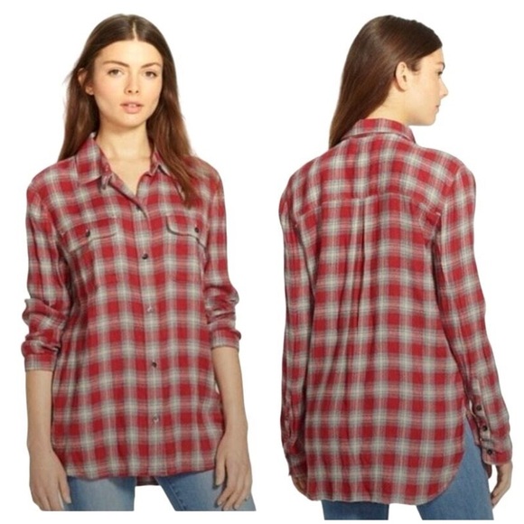 Madewell Tops - Madewell Red and White Flannel Button Down Shirt